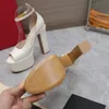 Mode elegante vrouwen slingback sandaal peep tenen ontwerper sandaal echt leer 155 mm dikke hak trouwschoenen met met leer bedekt platform en blokhiel met doos