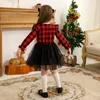 Peuter kinderen meisjes kleding kerstjurk ruche rode geruite zwarte mesh rok outfits algehele herfst winter