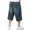 Pantalon masculin Hip-hop Capri Jeans Shorts denim Détendus Hipster décontracté Couleur solide ample