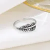 Anillos de clúster anillo de plumas abierta de plata S925 S925 para mujeres Vintage estilo hoja