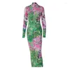 Casual Dresses OMSJ Eesthetic Flower Printing Ladies 2024 Spring Dress for Women Elegant Half High Collar Long Sleeve Slim Fit Maxi