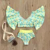 Uno de un traje de baño de dos piezas de dos piezas Lemón/Starfish/Striped Pocket Swimsuit Top+Shimsuit de cintura alta Q240418