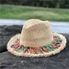 Coloerfull Tassel Ribbon Dekorera Straw Hat Shading Sun Caps Lady Fashion Beach Cap Jazz Summer Bucket Hats 240415