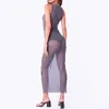 Casual Dresses Letter Printed Summer Grey Dress Crew Neck Women Tunic Mesh Sleeveless See Through Spicy Girl H Shaped Clubwear Clothing