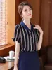 Women's Blouses Summer Short Sleeve Black Blue Patchwork Striped Shirt Retro Single-breasted Basic Blouse Korean Style Intellectual Tops