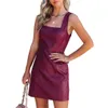 Summer Solid Color Casual Fashion Sexig Square Collar Pu Leather Dress Womens Clothing