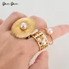 Bröllopsringar för kvinnor Ring YHPUP Rostfritt stål 18K Guldpläterad metall Fashion Wide Charm Texture Waterproof Jewelry Geometry 2024 Pearl4