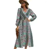 Casual Dresses Autumn Women Elegant Long Dress Fashion Print V Neck Puff Sleeve Streetwear Bohemian A-Line Slit Midi Vestidos Ropa Mujer