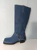 femmes talons en cuir élevé 2024 Véritable carré dames toed bouton cow-boy bottes longues de mariage jean jeans gladiateur décontracté la passerelle de podium plie chaussures siz 573