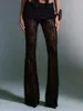 女性用パンツ女性サマーファッションクラブブラックハイウエストシアーレースフローラルフレア