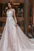 Sheer Long Sleeves Wedding Dress Bridal Gowns Sheer Long Sleeves V Neck Embellished Lace Embroidered Romantic Princess Blush A Line Beach Plus Size