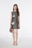 Lässige Kleider Sommerdesigner Runway Luxus Crystal Diamond Jacquard Kleid Frauen O-Neck ärmellose Applikat bedruckte Party Mini Vestdios