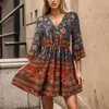 Casual Dresses Women Loose Vintage V Neck Floral Print Mini Dress Ladies Bohemian Beach Seven Quarter Flare Sleeve