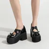 Zapatos de vestir de plataforma de plataforma gruesa para mujeres Mary Jane Heels 2024 Outumn Femenina dulce lolita cosplay con arco negro plateado tamaño 41 42