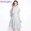 Party Dresses Tesscara Women Summer Elegant Blue Lace Dress Festa High Quality Office Robe Femme Runway Vintage Designer A-Line Vestidos