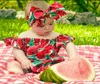 Lovely Toddler Baby Girl Watermelons tryckta Rompers Ruffle ärmar Romper Bodysuit Off Shoulder Jumpsuit Outfit Set med pannband3660114