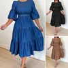 Casual Dresses Women Big Swing Dress Solid Color Elegant A-line Midi With Puff Sleeves Belted Waist Soft Patchwork Pleats For