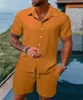 Summer Mens Fashion Trend Sports Fitness Casual Shirt Solid Color Loose Short Sleeve Shorts Beach Suit 240412