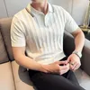 Mens Business Casual Polo Shirt Ice Silk Striped Top Top wysokiej jakości koszulka z krótkim rękawem na wiosnę i lato. 240417