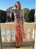 Print Puff Puff Sleeve Midi Rok Pak Dames Elegante hoge kraag Lange mouwen 2 stuks Sets Spring Chic Holiday Party Female Outfit 240416