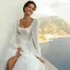 Elegant A-Line Wedding Dresses Square Neck Beads Appliques Lace Bridal Gowns Custom Made Long Sleeves Sweep Train