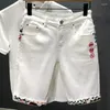 Heren shorts shorts zomer knielange stiksels gescheurde retro zwarte kwaliteit jeans witte borduurwerk denim high fashion blauw