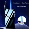 Outdoor antivento a doppio arco plasma USB più chiaro blu a fiamma blu Torcia Butane senza gas a gas Accendino Display maschile