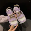 Sandalen Krazing Topf Kuh Leder High Street Mode lila große Größe 42 Peep Zeh Sommer dicke Bodenmedierungen Metallketten Frauen Frauen