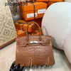 Handmade 7a Handbag Bikns Genuine Leather Misty Crocodile BK30 Uncle Wax Thread Gold BrownLQKR