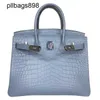 Top Cowhide Handbag Brkns Genuine Leather Crocodile skin belly half honey wax 30 medium blueIYLUVQ4I