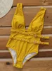 Women's Swimwear Riseado Sexy Plunging One Piece Swimsuits Belted 2024 Backless Monikini Yellow Bathing Suit Women Bodysuit