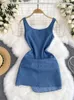 Casual Dresses SINGREINY INS Fashion Denim Dress 3D Flower Sleeveless Skinny Zipper Split Fold Solid 2024 Y2k Vintage Summer Chic Party