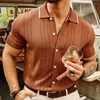 Herren lässige Hemden Herren gestrickt kurzärmelig Schleicher Fit Button-up-Stelltimen für Männer Sommer-Stricken Polo Streetwear