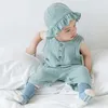 2pcsset Baby Sommerkleidung Solid geborener Säugling Strampler mit Hut Musselin Baumwollhülsen und Jungen Mädchen Outfits 240408