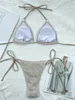 Kvinnors badkläder 2024 Wrap Around Fishnet Mesh Bikini Women Swimsuit Female Two-Piece Set Micro Thong Bather Bathing Suit Swim
