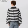 メンズTシャツInceurn Tops 2024 American Style Striped Knitted Design TシャツレジャーストリートウェアロングスリーブルーズカミゼタS-5XL