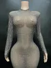 Sıradan Elbiseler 2024 Süper Parlayan Elmaslar Seksi Mesh Bodycon Uzun Elbise Moda Kadın Akşam Partisi Performans Kostüm