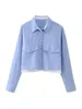 Women's Blouses Office Style Two Pockets Long Sleeve Loose Tops 2024 Ladies Spring Casual Single Breasted Short Blue Oxford Shirt
