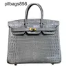 Top Cowhide Handbag Brkns Genuine Leather High gloss Crocodile Skin Bright Face Belly 25 Luxury GreyG092ZWXU