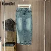 Röcke 3,21 Klasonbell 2024 Mode Vintage gewaschene Distressed Denim Rock Frauen Hoch geteilt gerade lange Länge