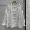 Women's Blouses Chinese Style Long Sleeved Shirt Women O-neck One Line Button Blouse Vintage Literature Art Flower Embroidery Loose Shirts