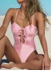 Dames badkleding touw één stuk zwempak glanzend badkleding 2024 solide strandkleding sexy verband badpakken dames bodysuit zomer biquini