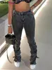 Rare Puss y2k gestapelde hoge taille jeans vrouwen katoen split mager denim broek herfst trend wilde straat casual stretch broek 240417