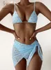 Women's Swimwear Peachtan Mesh 3 Pieces Bikinis Set Print Swimsuit Traingle Halter Bathing Suit Push Up Low Waist 2024 Women
