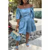 Plus Size Blue Daily Denim Off Shoulder Hollowed Out With Pocket Midi Dresses 240411