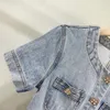 Trendy 2024 Kleid runden Hals Einfacher Retro Kurzarm Taille Wrap Einreihe Buntes Diamant Short Pocket Denim Kleid Frauen