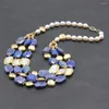 Pendant Necklaces GG 3 Rows Natural Blue Lapis Lazuli Freshwater White Square Keshi Pearl Necklace 21" Handmade For Women