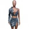 Arbeitskleider 2 -teilige Set Frauen 2024 Frühlings Sommer Denim Pocket One Schultertops und Minirock Anzüge Mujer -passende Sets Jacke Outfit