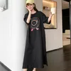 Casual Dresses Plus Size Women's For 2024 Summer Cartoon Print Lady Loose Causal Vestidos Black Color Split T-Shirts Dress Female Robe