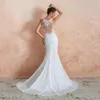 2024 Boho Garden Mermaid Trouwjurken Sheer Neck Lace Appliques Illusie Back Back Bidden Jurken Simple Chiffon Sweep Train Robes de Mariee Summer Beach Vestidos